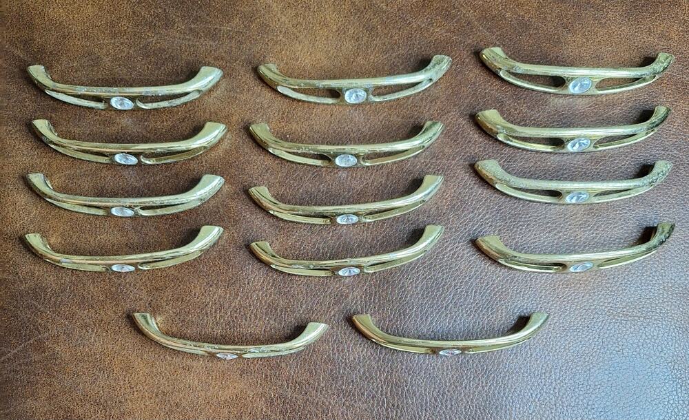 RARE Set of 14 VTG Italian Brass Crystal Drawer Pulls Italy MN541A 3" Spacing